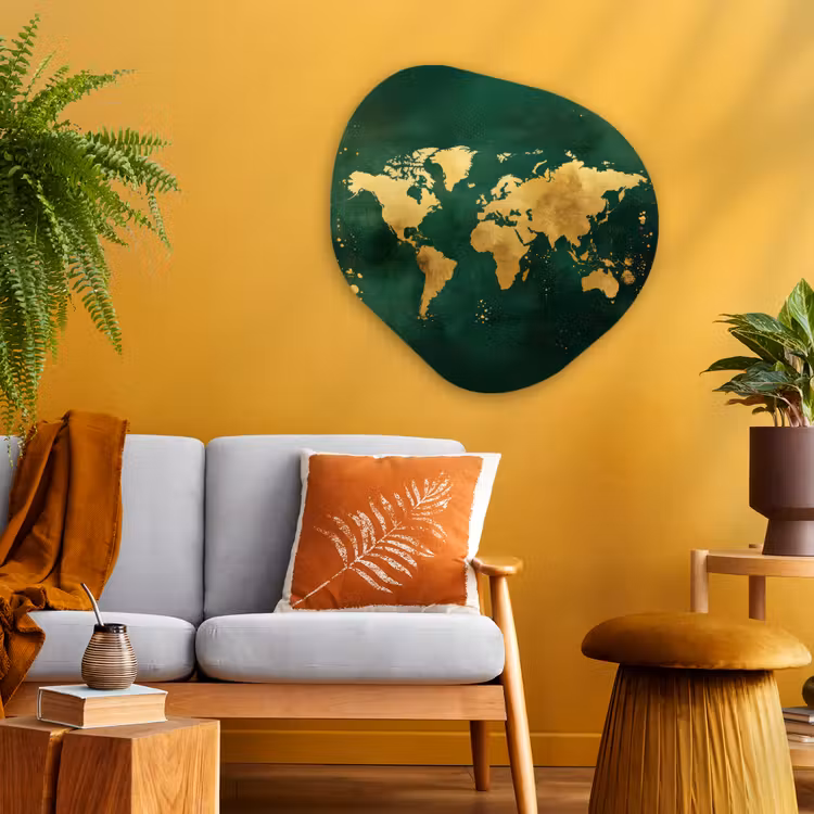Wereldkaart - Groen - Goud Wandcirkel Organisch Plexiglas middel -sfeer4
