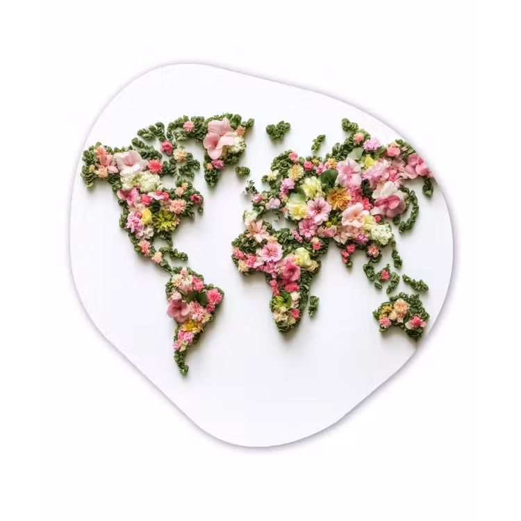 Wereldkaart - Kleurrijk - Bloemen - Lente Wandcirkel Organisch Plexiglas middel -3d