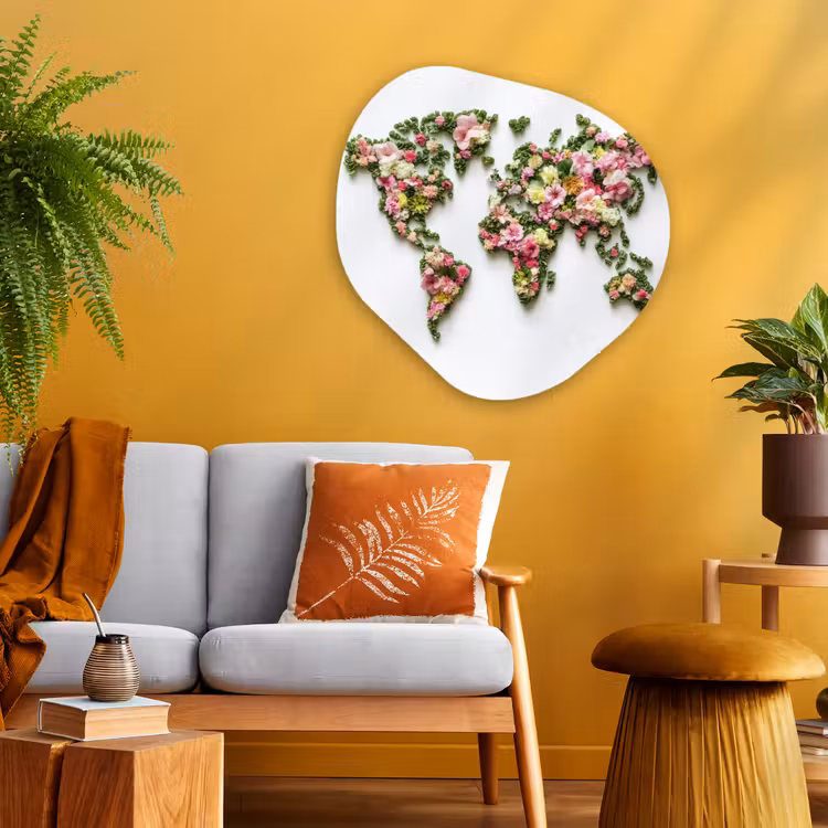 Wereldkaart - Kleurrijk - Bloemen - Lente Wandcirkel Organisch Plexiglas middel -sfeer4