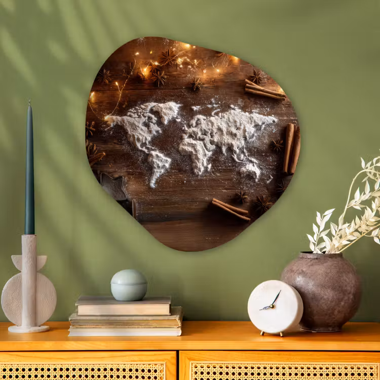 Wereldkaart - Poedersuiker - Hout Wandcirkel Organisch Plexiglas middel -sfeer2
