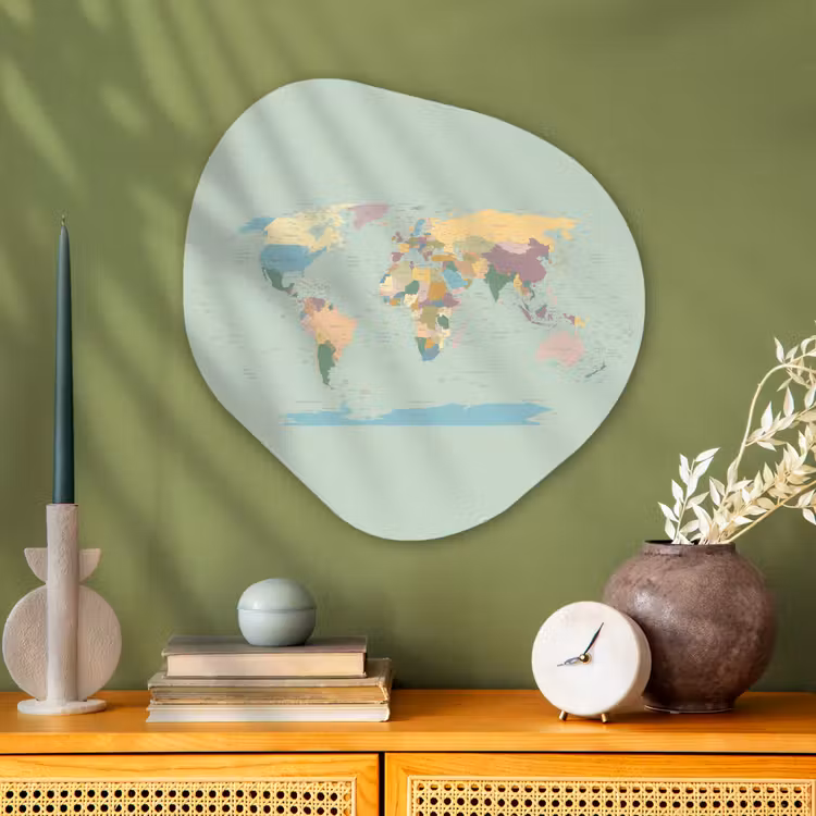 Wereldkaart - Realistisch - Kaart Wandcirkel Organisch Plexiglas middel -sfeer2