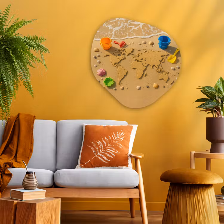 Wereldkaart - Zand - Kleurrijk - Zomer Wandcirkel Organisch Plexiglas middel -sfeer4