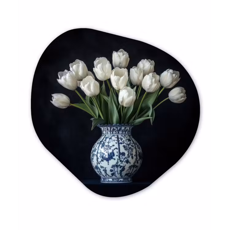 Wit - Bloemen - Tulpen - Vaas Wandcirkel Organisch Plexiglas middel -3d