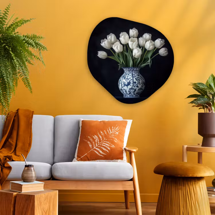 Wit - Bloemen - Tulpen - Vaas Wandcirkel Organisch Plexiglas middel -sfeer4