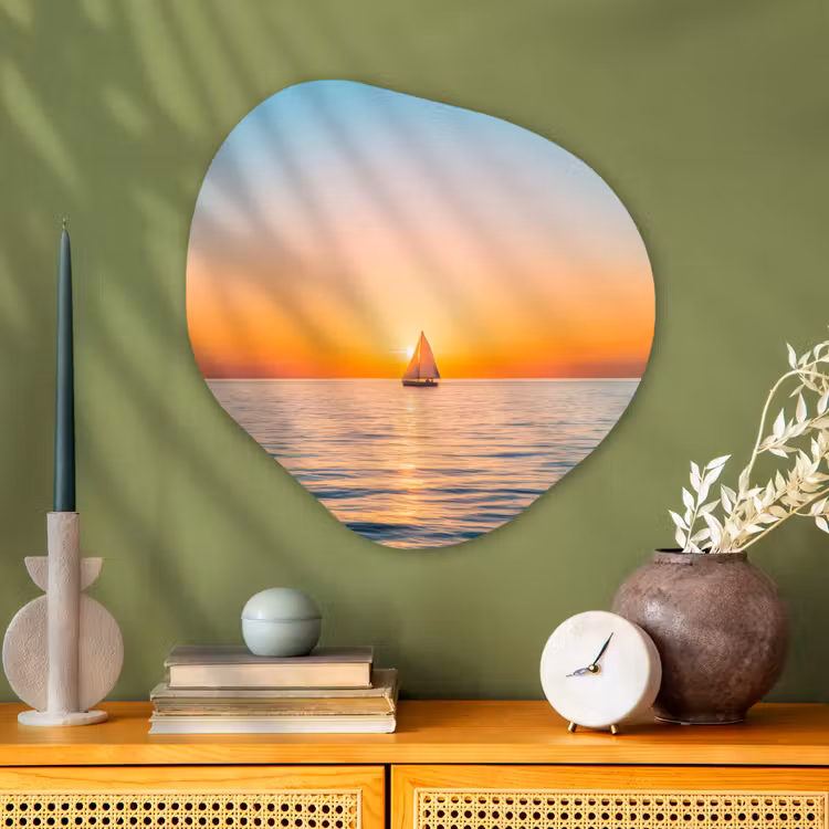 Zee - Zeilboot - Zonsondergang Wandcirkel Organisch Plexiglas middel -sfeer2