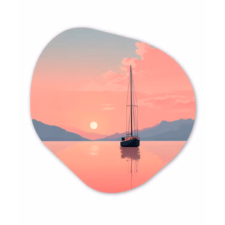 Zeilboot - Roze zee - Zonsondergang - Bergen Wandcirkel Organisch Plexiglas middel -3d