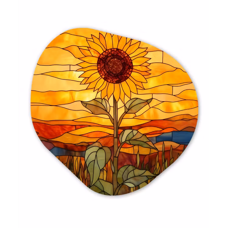 Zonnebloem - Mozaïek - Zonsondergang - Geel Wandcirkel Organisch Plexiglas middel -3d