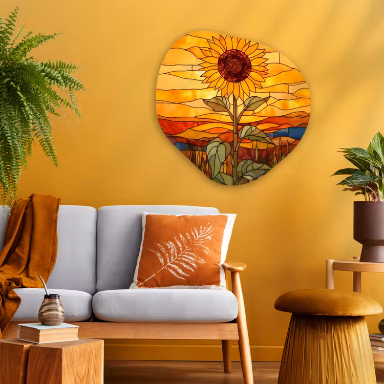 Zonnebloem - Mozaïek - Zonsondergang - Geel Wandcirkel Organisch Plexiglas middel -sfeer4