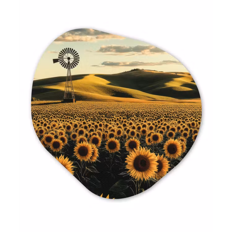 Zonnebloem - Veld - Windmolen Wandcirkel Organisch Plexiglas middel -3d