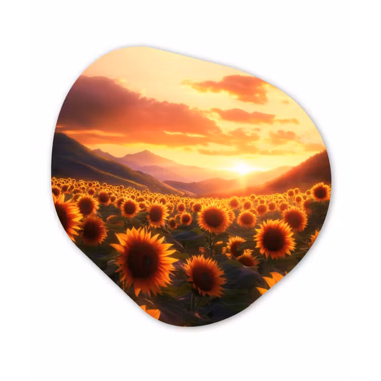 Zonnebloemen - Zonsondergang - Landschap Wandcirkel Organisch Plexiglas middel -3d