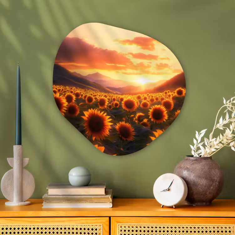 Zonnebloemen - Zonsondergang - Landschap Wandcirkel Organisch Plexiglas middel -sfeer2