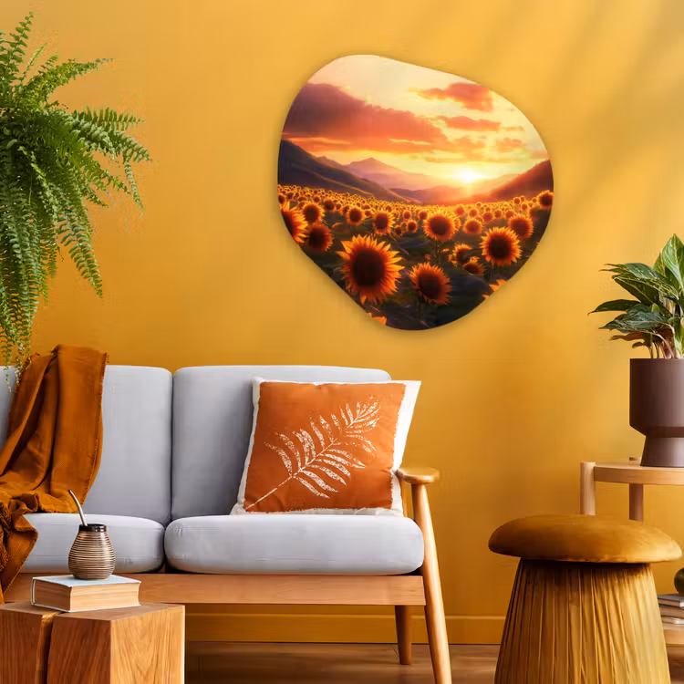 Zonnebloemen - Zonsondergang - Landschap Wandcirkel Organisch Plexiglas middel -sfeer4