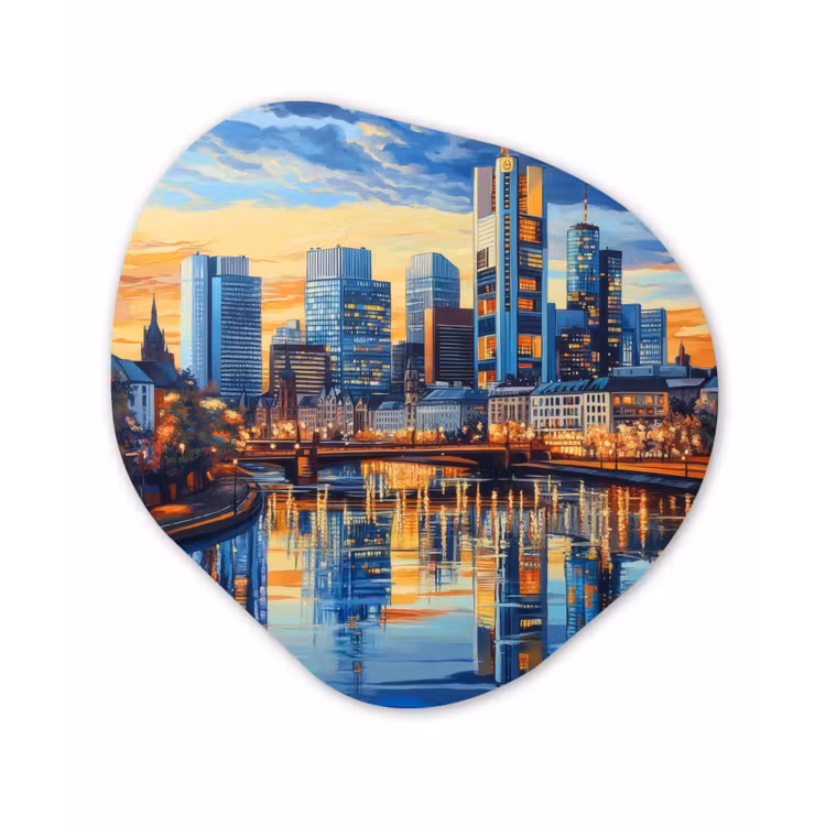 Zonsondergang Frankfurt - Stad - Skyline - Water Wandcirkel Organisch Plexiglas middel -3d
