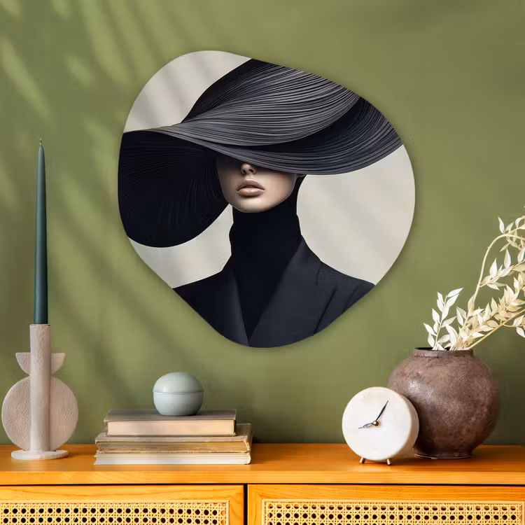 Zwart - Vrouw - Hoed Wandcirkel Organisch Plexiglas middel -sfeer2