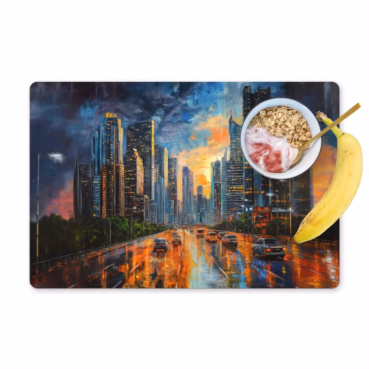 Auto - Skyline - Zon - Blauw Placemat vinyl groot -zzzproduct_Kitchenyeah-website