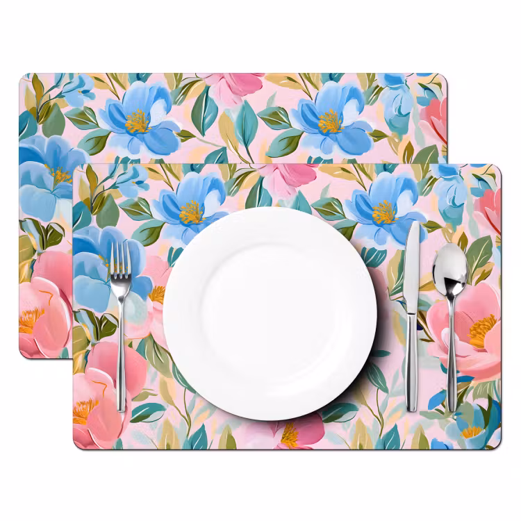 Blauw - Roze - Bloemen Placemat vinyl groot -zzsfeer2_Kitchenyeah-website