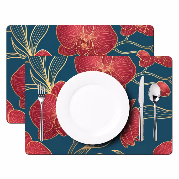 Placemat - 6 stuks - Bloemen - Rood - Goud - Bloemen - Rood - Goud Placemat vinyl groot