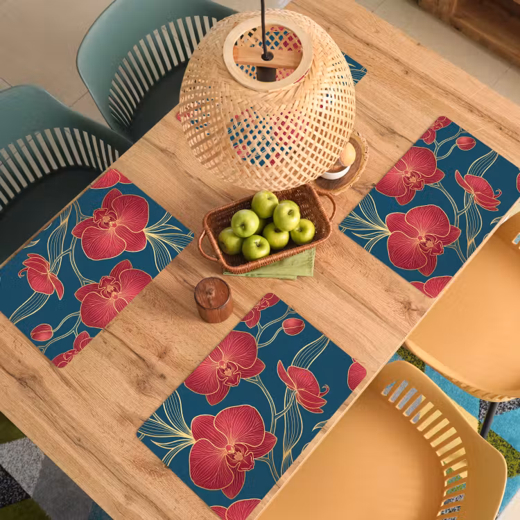 Placemat - 6 stuks - Bloemen - Rood - Goud - Bloemen - Rood - Goud Placemat vinyl groot