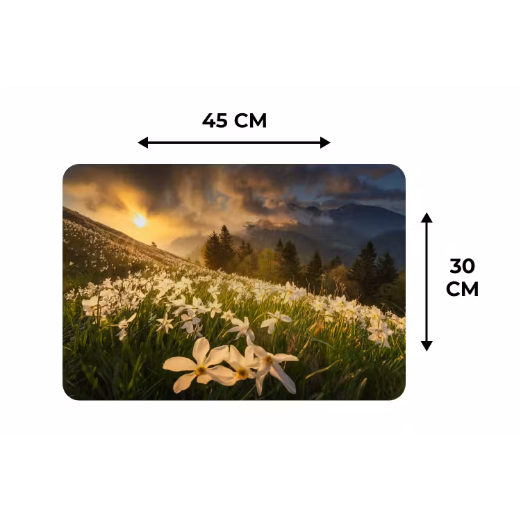Bloemenveld - Heuvels - Zonsondergang - Berg - Natuur - Wit - Heuvels Placemat vinyl groot -specs