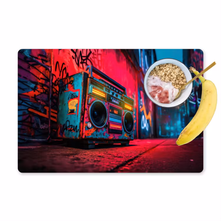 Boombox - Rood - Graffiti - Neon Placemat vinyl groot -zzzproduct_Kitchenyeah-website