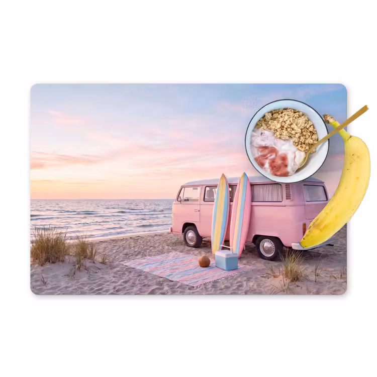 Busje - Strand - Surfplank - Zomer - Roze Placemat vinyl groot -zzzproduct_Kitchenyeah-website