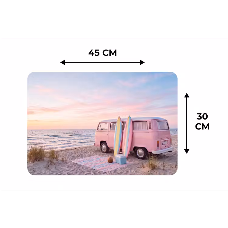 Busje - Strand - Surfplank - Zomer - Roze Placemat vinyl groot -specs