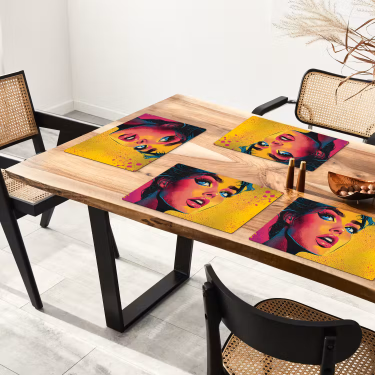 Close-up - Vrouwengezicht - Stippen - Geel Placemat vinyl groot -zzsfeer4_Kitchenyeah-website