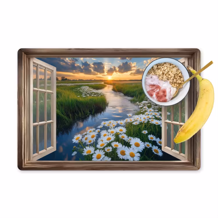 Doorkijk - Landschap - Raam - Water - Zonsondergang Placemat vinyl groot -zzzproduct_Kitchenyeah-website