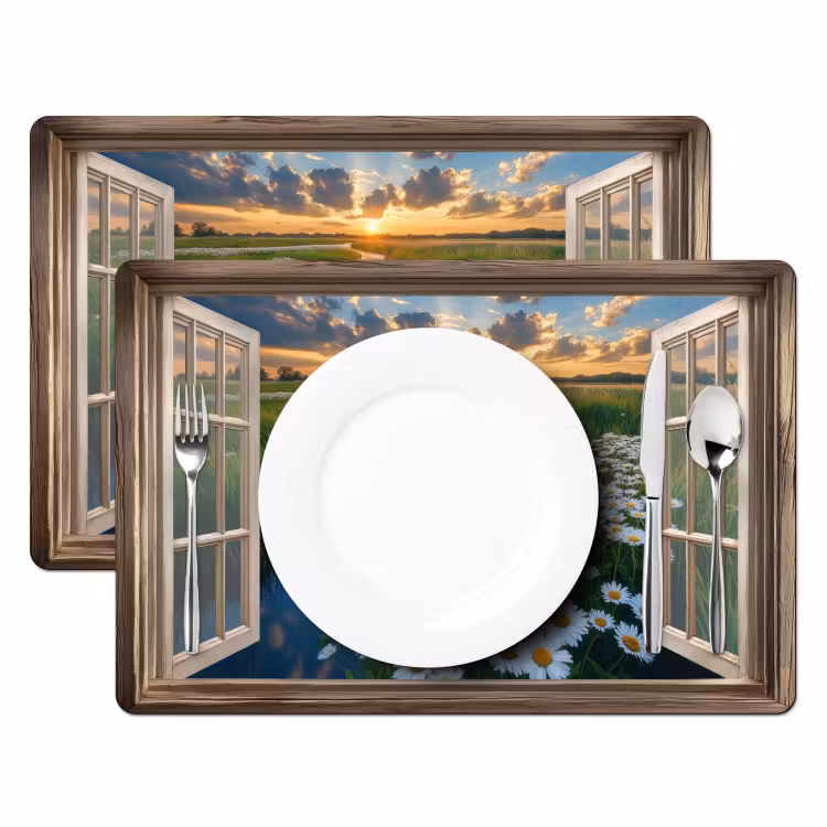Doorkijk - Landschap - Raam - Water - Zonsondergang Placemat vinyl groot -zzsfeer2_Kitchenyeah-website