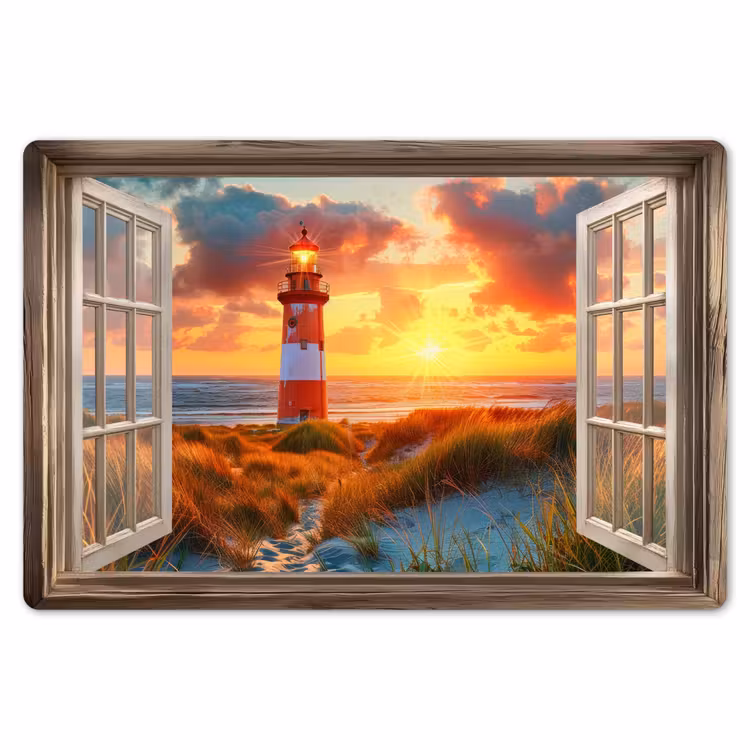 Doorkijk - Raam - Vuurtoren - Zonsondergang - Strand Placemat vinyl groot -zzsfeer1_Kitchenyeah-website