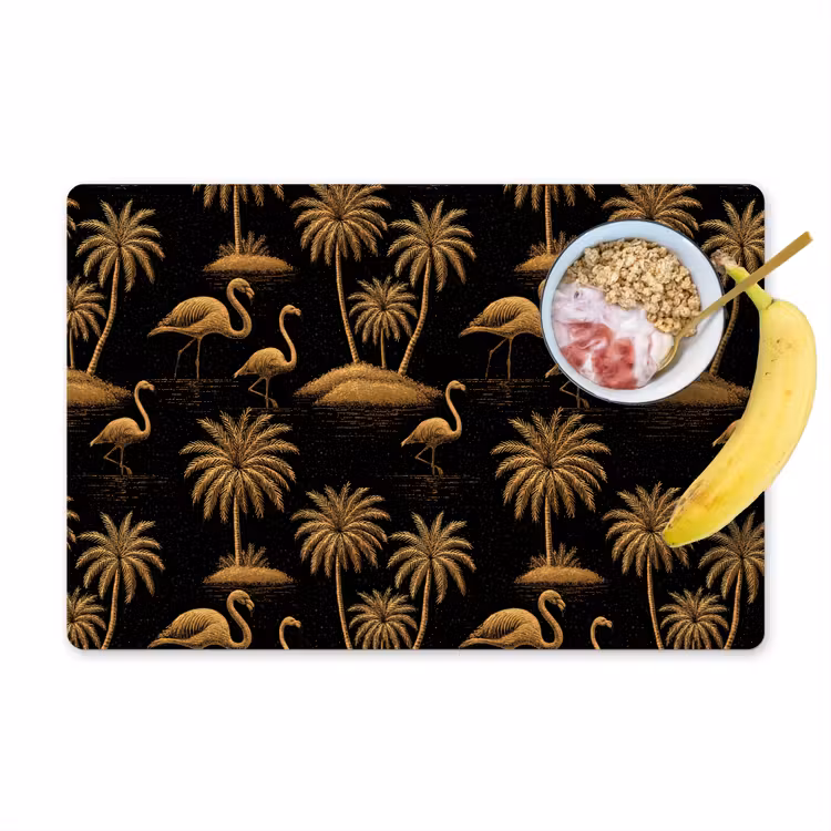 Flamingo - Palmbomen - Tropisch - Goud - Zwart Placemat vinyl groot 368 -zzzproduct_Kitchenyeah-website