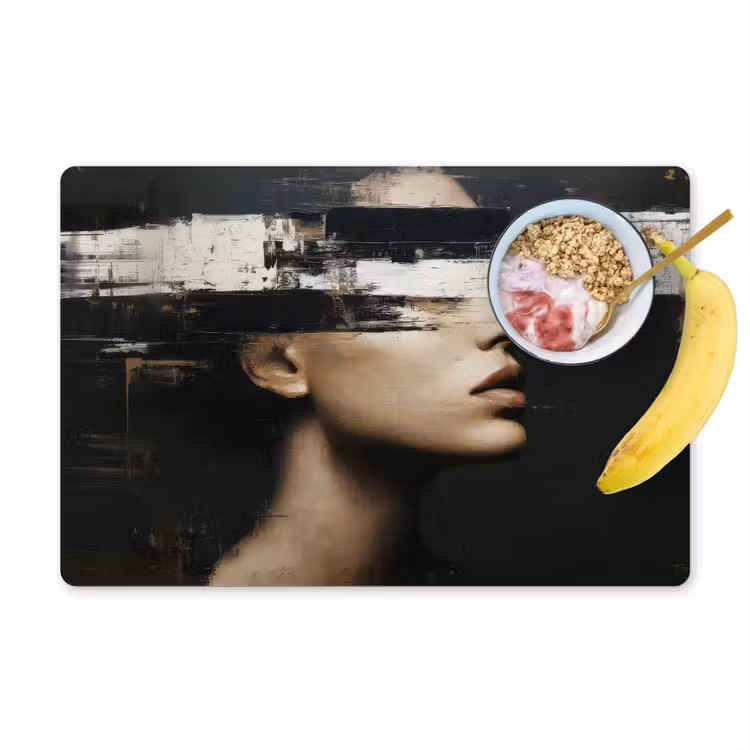 Gezicht - Vrouw - Zwart - Abstract Placemat vinyl groot -zzzproduct_Kitchenyeah-website