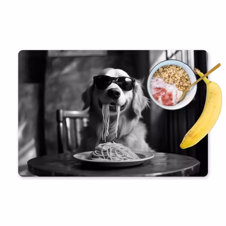 Golden Retriever - Hond - Vrolijk -  Bord spaghetti - Zwart - wit Placemat vinyl groot -zzzproduct_Kitchenyeah-website