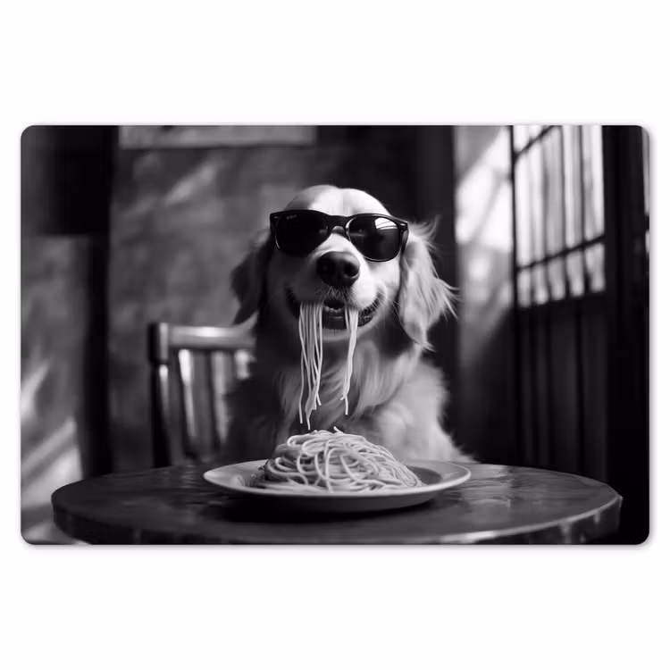 Golden Retriever - Hond - Vrolijk -  Bord spaghetti - Zwart - wit Placemat vinyl groot -zzsfeer1_Kitchenyeah-website