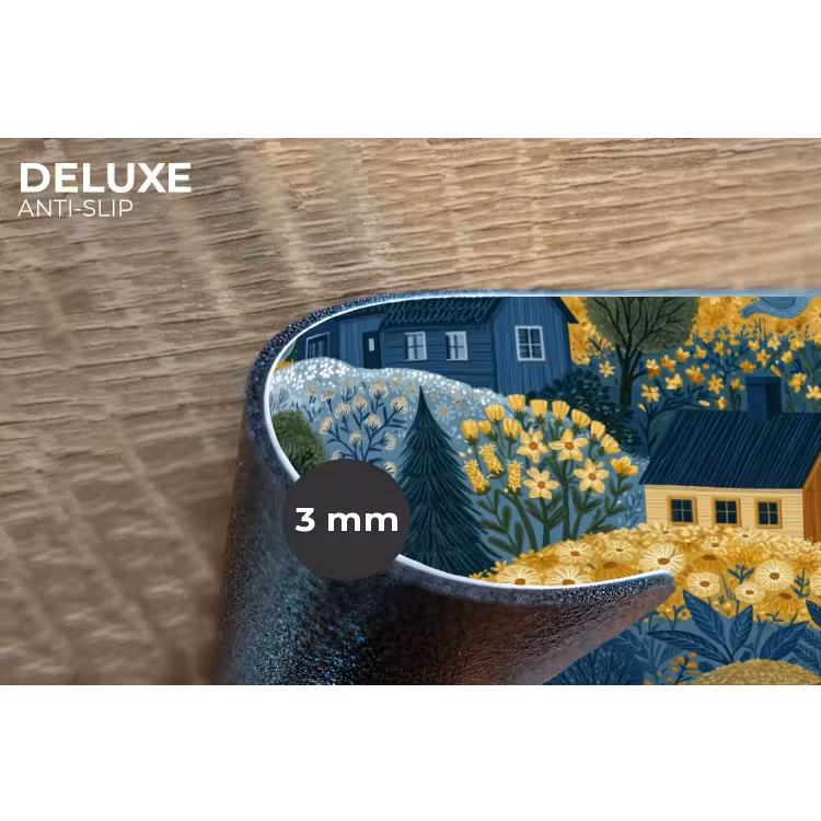 Huisjes - Bloemen - Patroon - Geel - Blauw Placemat vinyl groot 368 -closeup