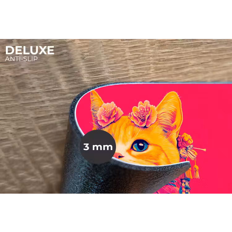 Kat - Kimono - Bloemen - Roze Placemat vinyl groot -closeup