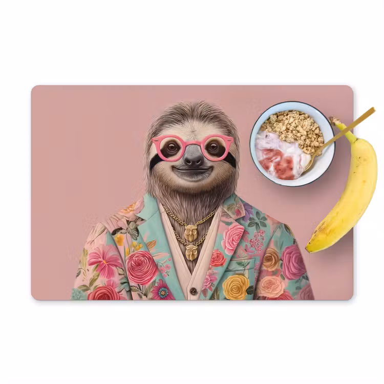 Luiaard - Bloemenprint - Bril - Roze Placemat vinyl groot -zzzproduct_Kitchenyeah-website