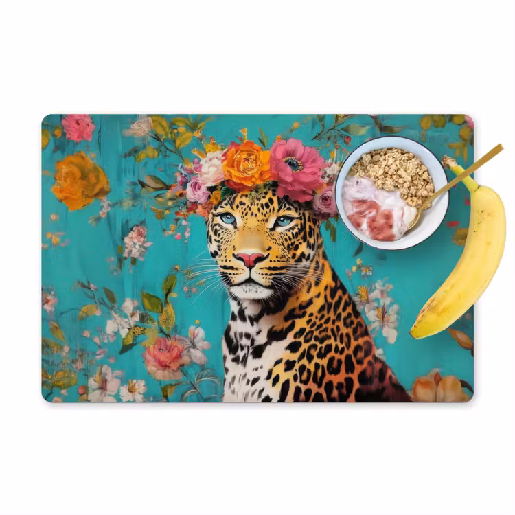 Luipaard - Bloemen - Kroon Placemat vinyl groot -zzzproduct_Kitchenyeah-website