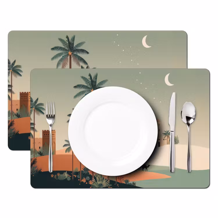 Nachtlandschap - Kamelen - Sterren - zandduinden Placemat vinyl groot -zzsfeer2_Kitchenyeah-website
