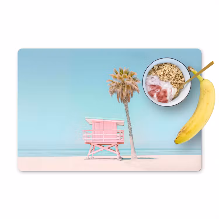 Palmboom - Strandhuis - Roze Placemat vinyl groot -zzzproduct_Kitchenyeah-website