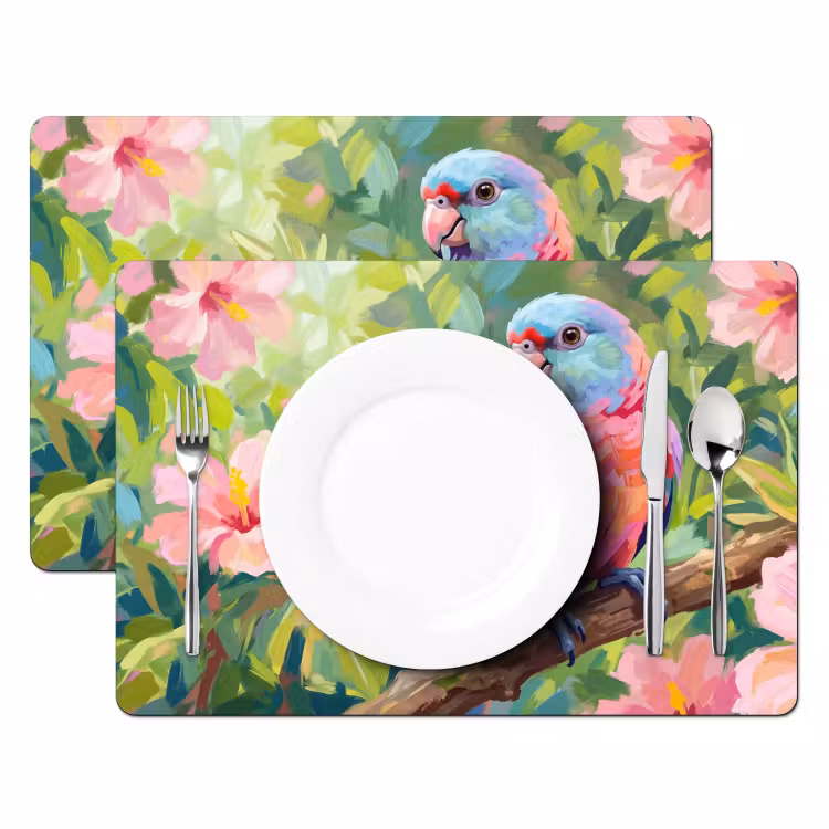 Papagaai - Hibiscusbloemen - Kleurrijk Placemat vinyl groot -zzsfeer2_Kitchenyeah-website