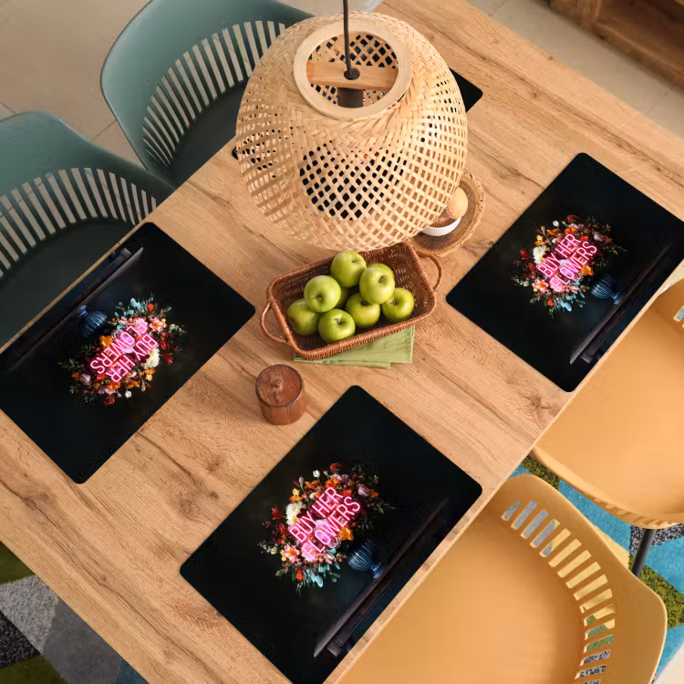 Quote - Bloemen - Vaas - Neon Placemat vinyl groot -zzsfeer5_Kitchenyeah-website