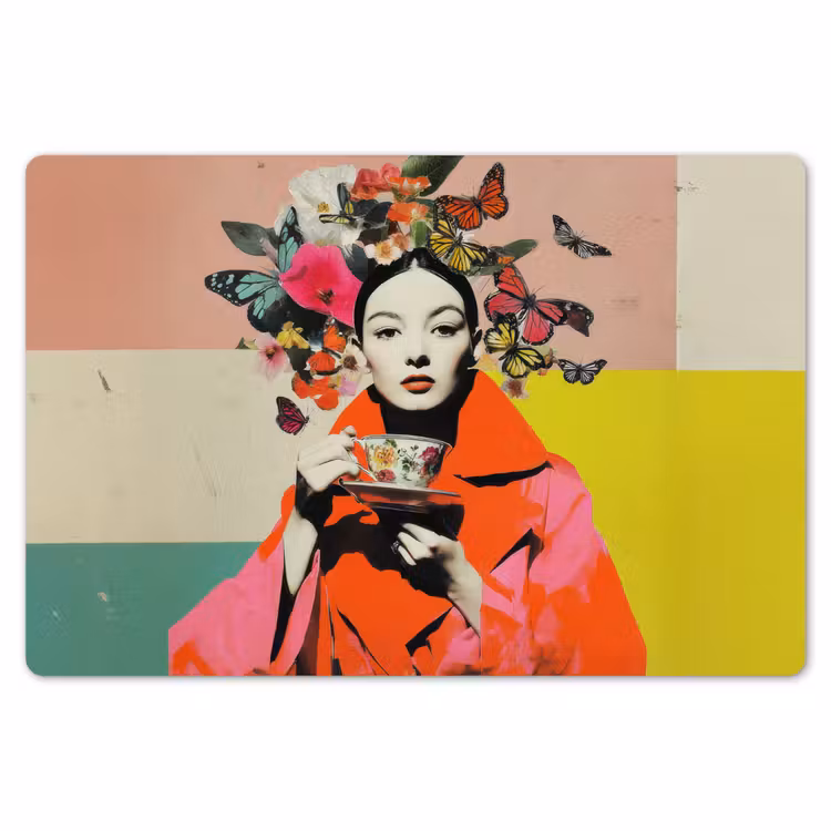 Retro - Vrouw - Kopje - Vlinders Placemat vinyl groot -zzsfeer1_Kitchenyeah-website