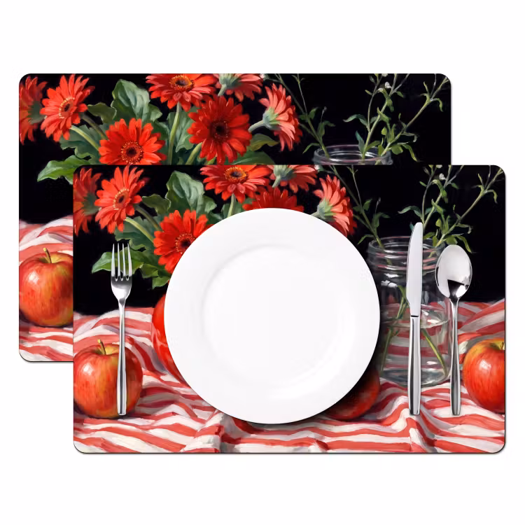 Placemat - 6 stuks - Rode bloemen - Vaas - Rode bloemen - Vaas Placemat vinyl groot