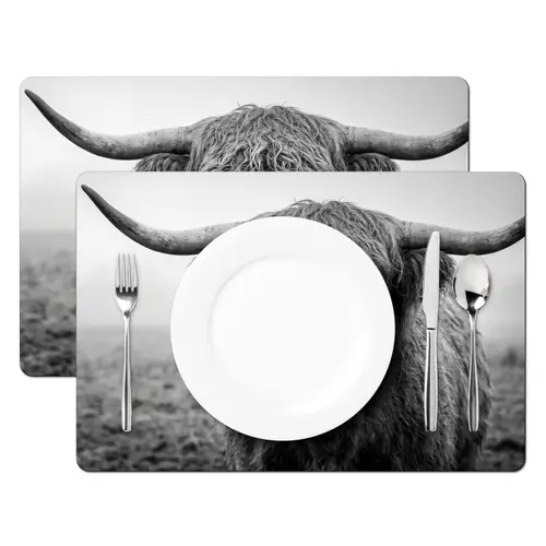 Schotse hooglander - Zwart - Wit - Gras Placemat vinyl groot -zzsfeer2_Kitchenyeah-website