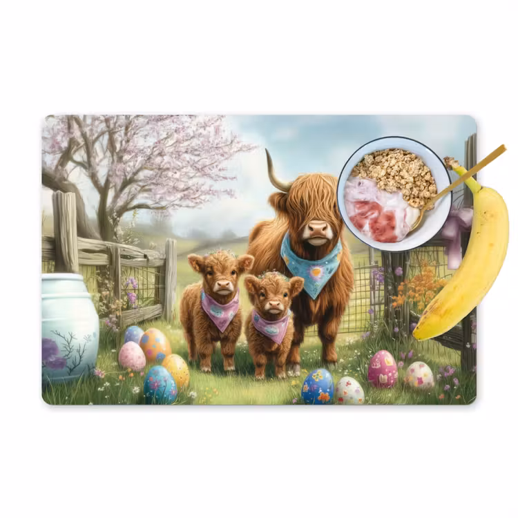 Schotsehooglanders - Paaseieren - Lente Placemat vinyl groot -zzzproduct_Kitchenyeah-website