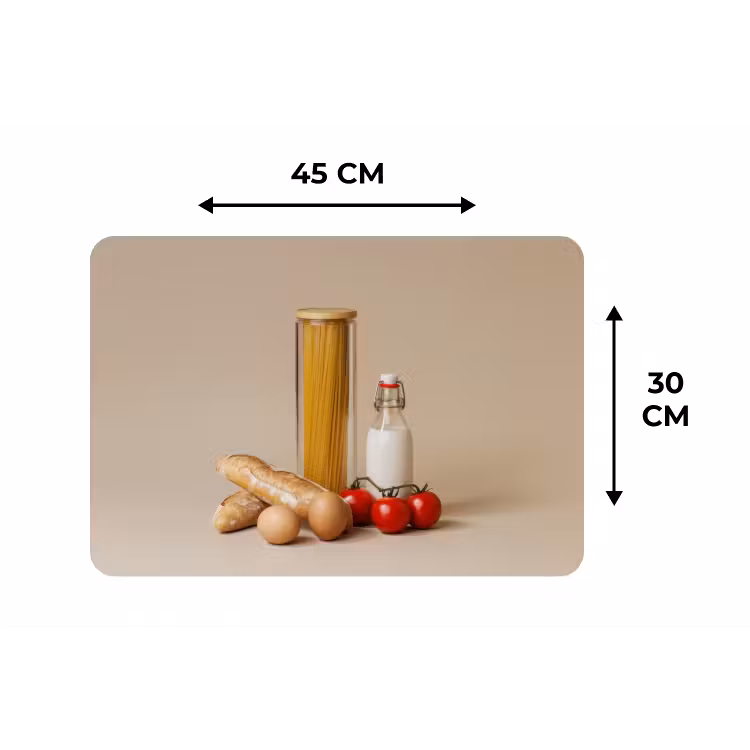 Spaghetti - Melk - Tomaten - Eieren - Brood Placemat vinyl groot -specs