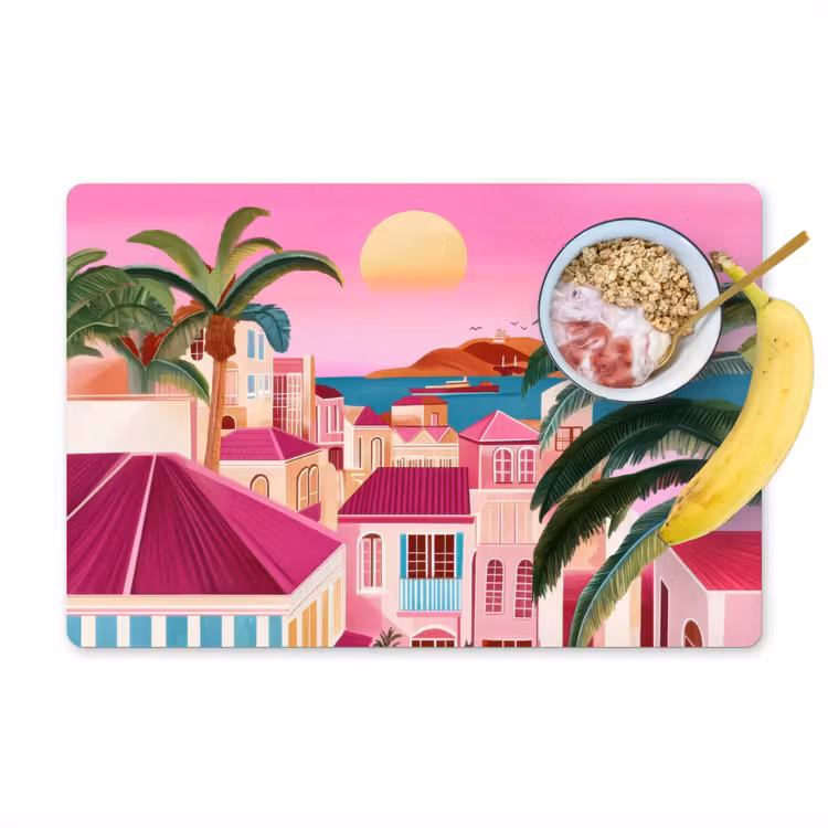 Stad - Roze - Palmbomen Placemat vinyl groot -zzzproduct_Kitchenyeah-website