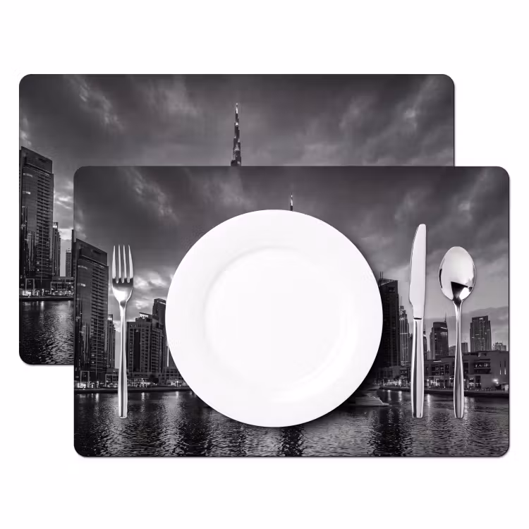 Stad - Skyline - Architectuur - Avond - Zwart-wit Placemat vinyl groot -zzsfeer2_Kitchenyeah-website