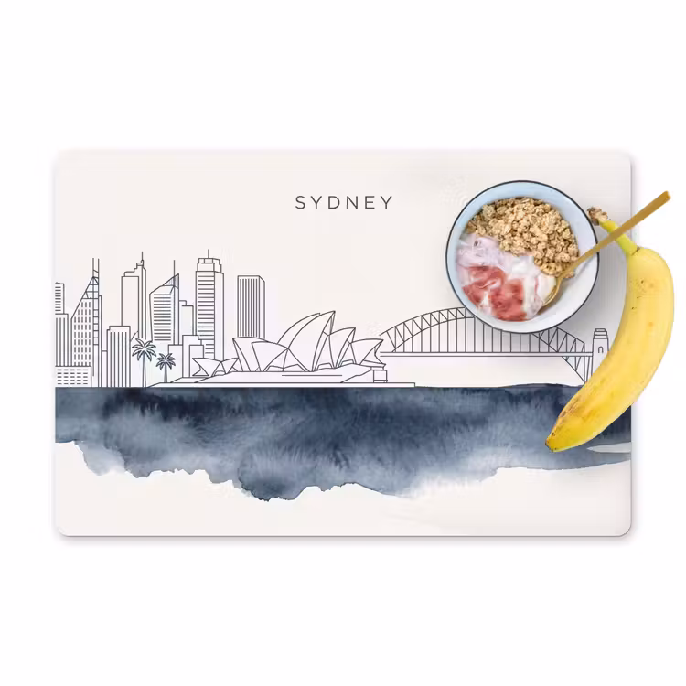 Stad - Skyline - Architectuur - Minimalistisch - Blauw Placemat vinyl groot -zzzproduct_Kitchenyeah-website